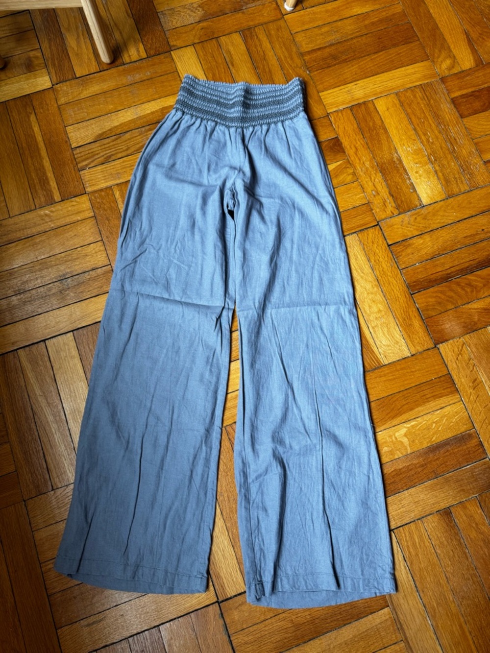 Smocked Waist Wide-Leg Linen Blend Pants - Slate Blue
